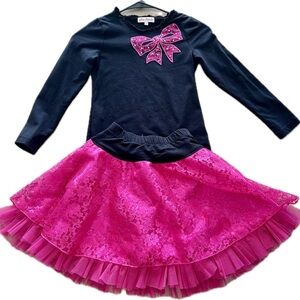 Jona Michelle Black Pink Lace Bow Tops & Pink Frill Skirt Kids Dress Set Size 7T